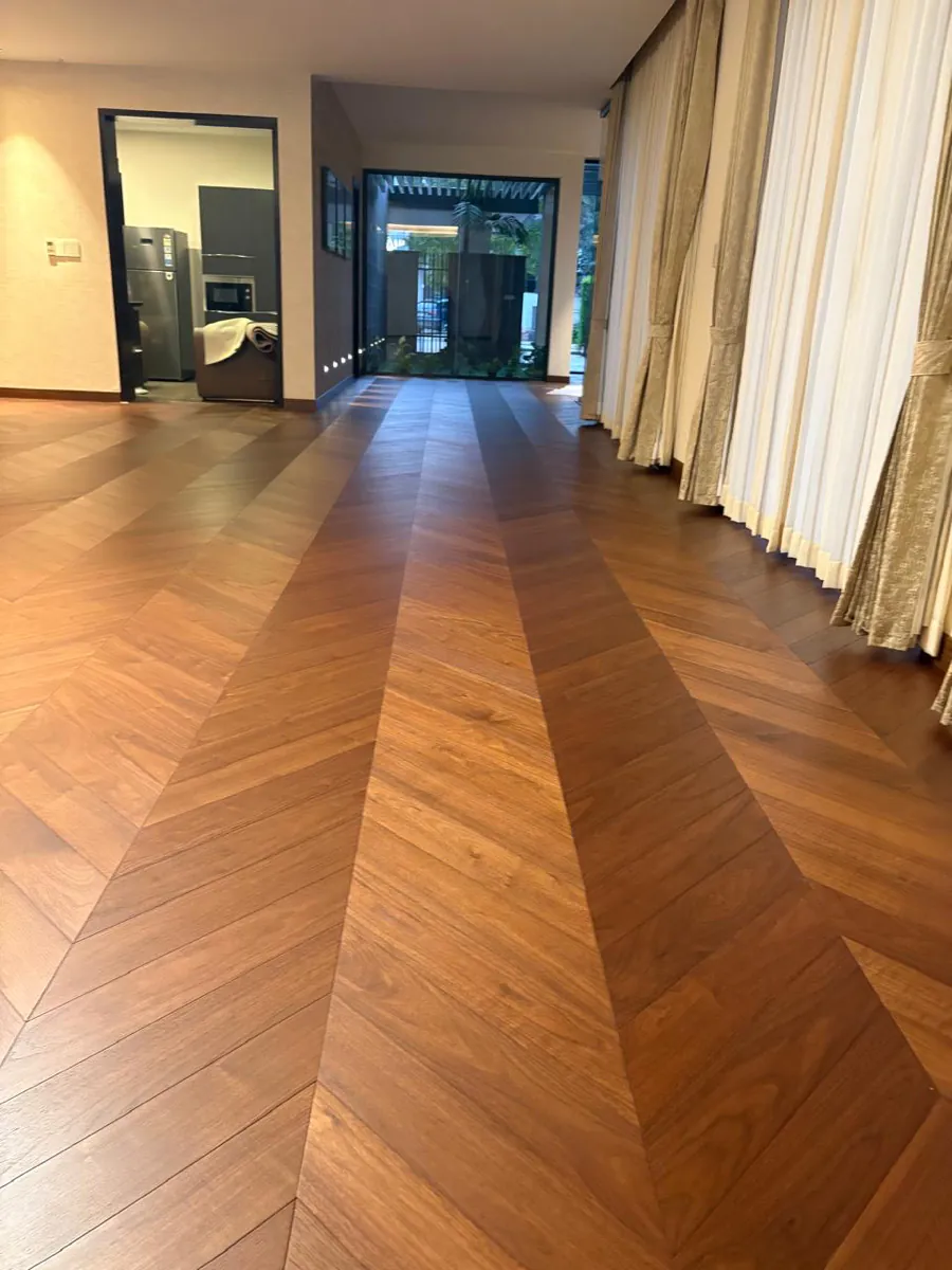 The Living Lounge — Engineered Wood, chevron, Jayanagar, 950 sq ft — flooring by Rebel Walls & Floors